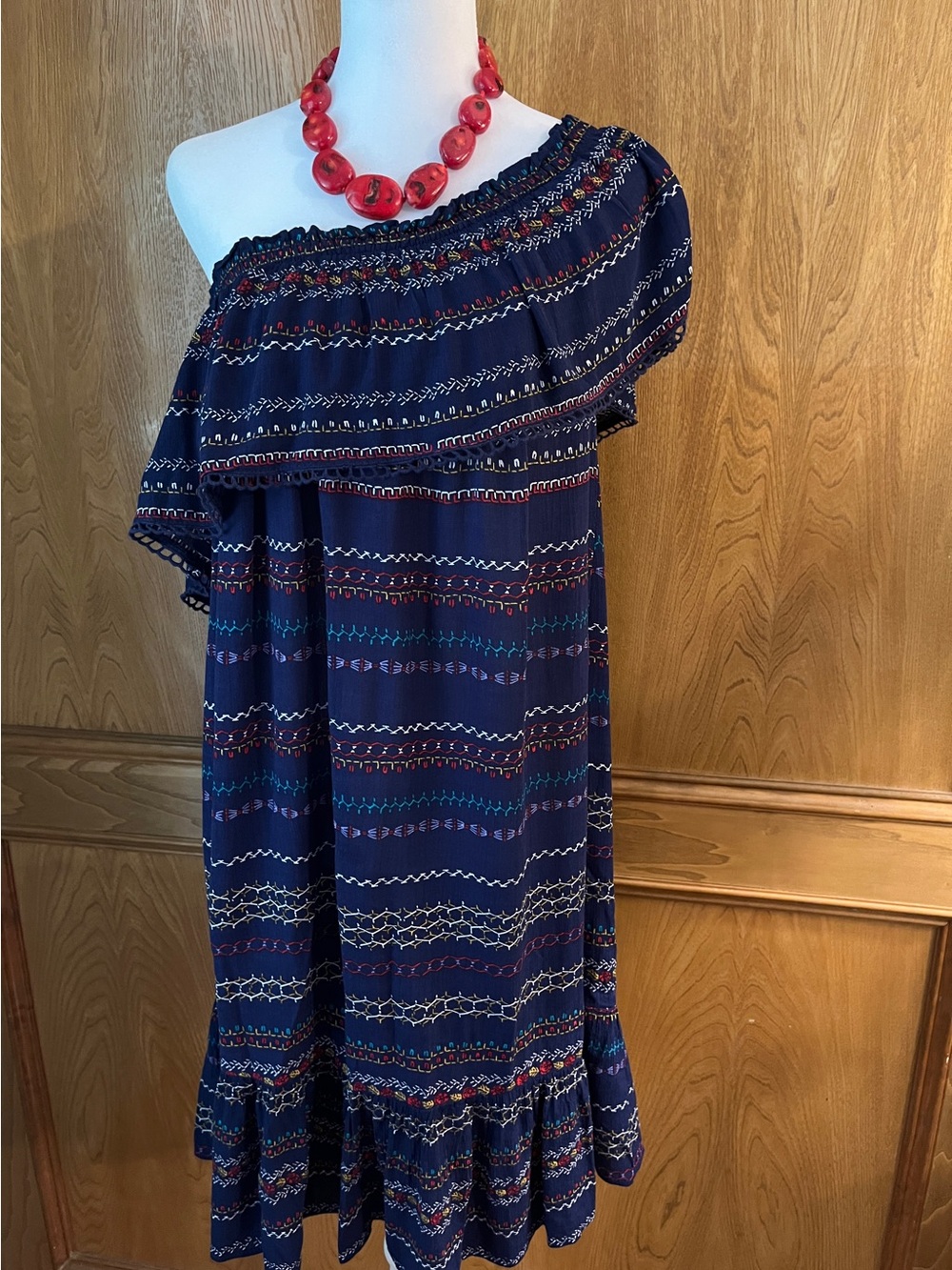Sz S Xhileration Blue Mexican Embroidered Print One Shoulder Dress Coverup